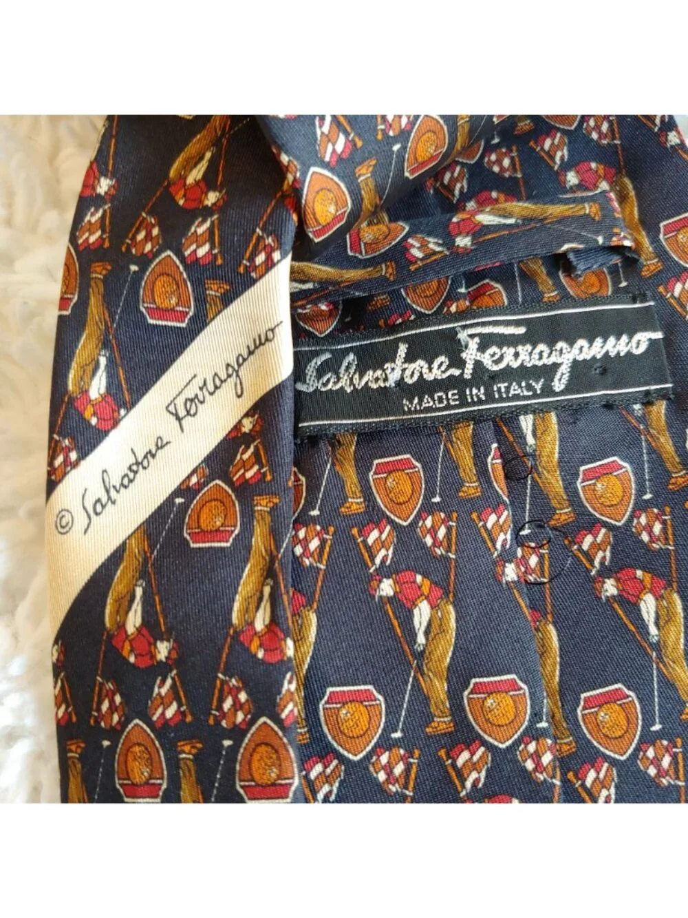 Salvatore Ferragamo Golf Trophy Crest Silk Tie Italy Luxury Necktie Designer
